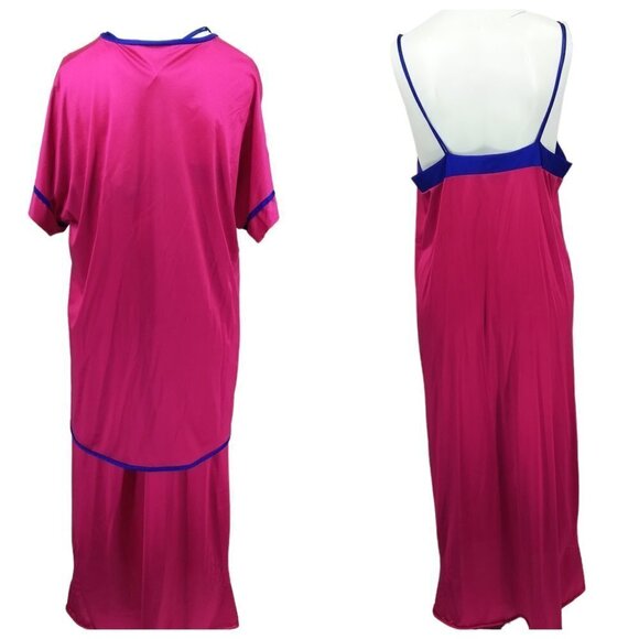 Vintage Pajama Chemise Cover Up Set Size M Pink Satin 80s Top Pajamas Nightgown - Picture 3 of 15